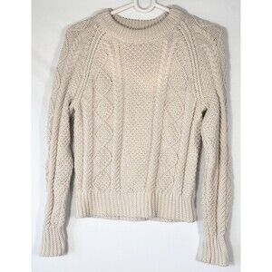 LL Bean Signature Sweater Womens Small Cream White Fisherman Mineral Wash Cable